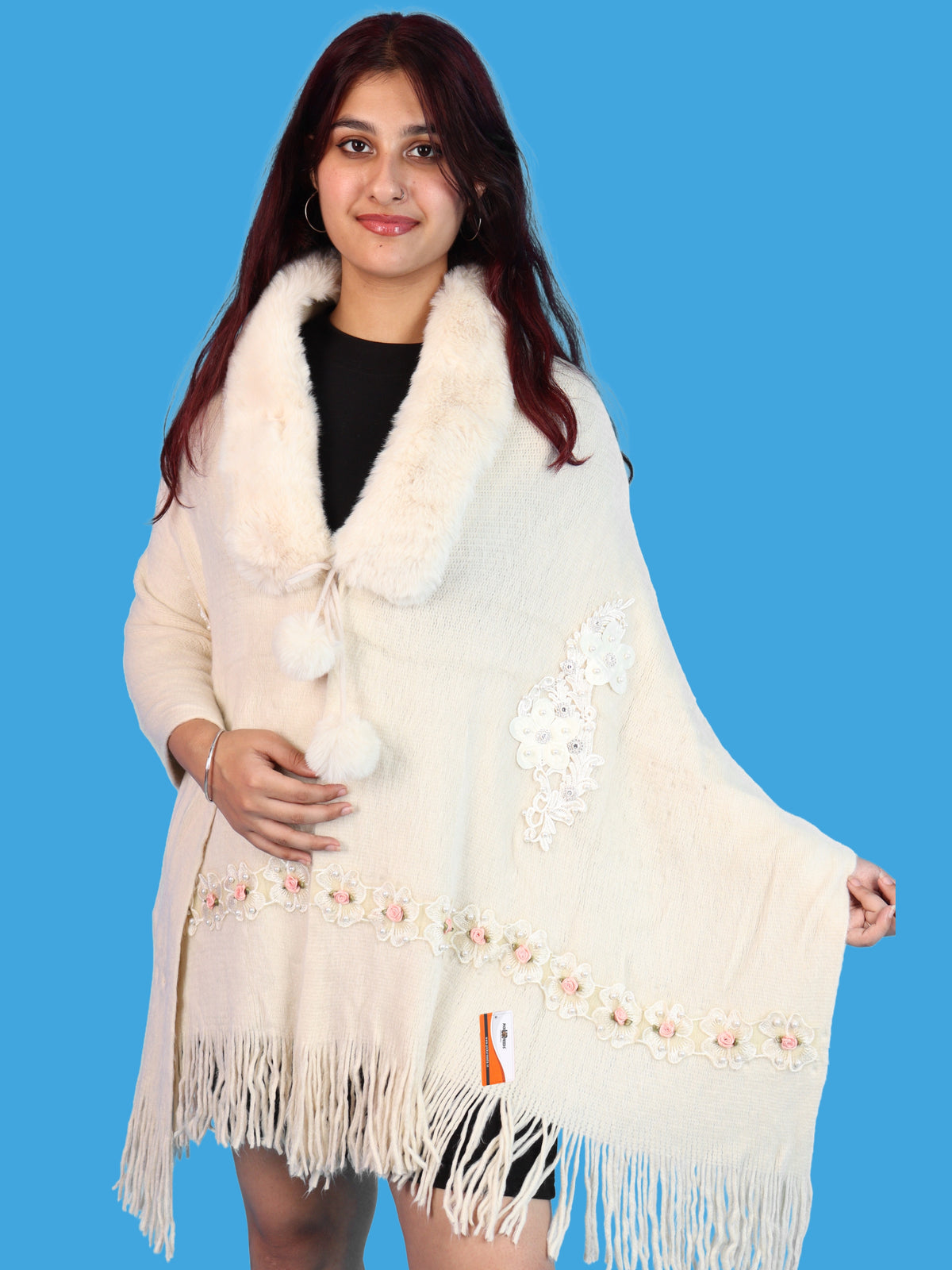Pick Ur Needs Womens Premium Winter Shawl Shrug with Soft Fur Collar, Floral Embroidery, Pom-Pom Tie & Fringe Detailing Stylish Warm Wrap for Girls