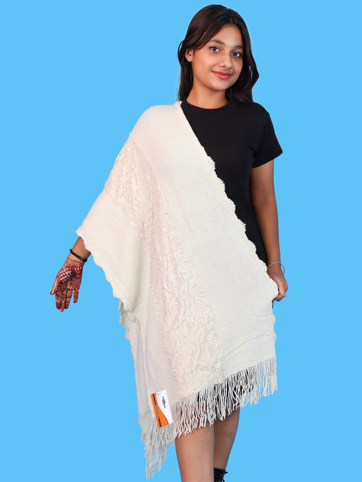 Pick Ur Needs Girls & Womens Shawl with Embroidered Lace Work, Bead Detailing and Fringe Tassels, Elegant Woollen Winter Stole