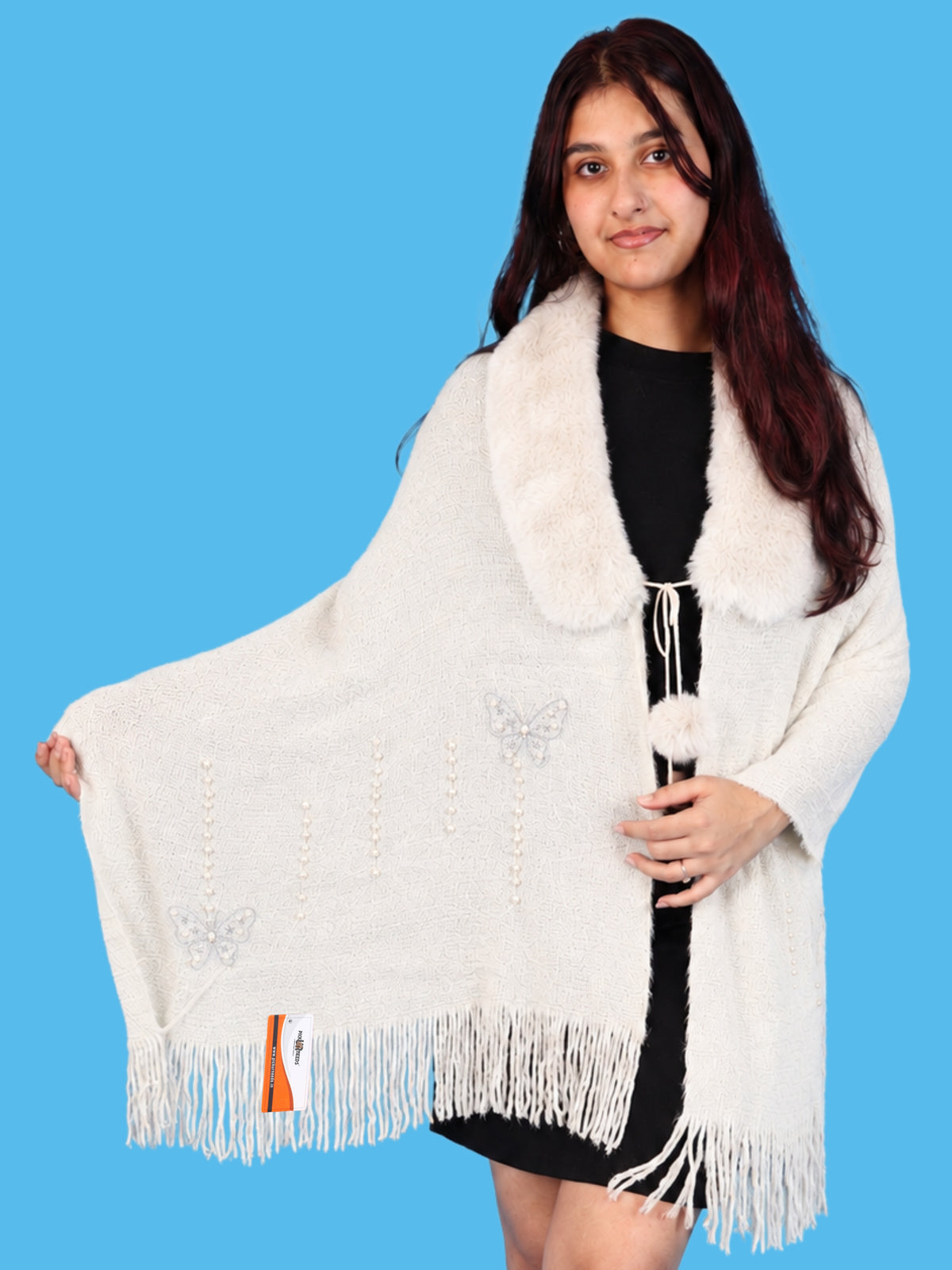 Pick Ur Needs Womens Faux Fur Collar Shrug with Pom Pom Tie Shawl Elegant Fringed Winter Wrap for Women & Girls