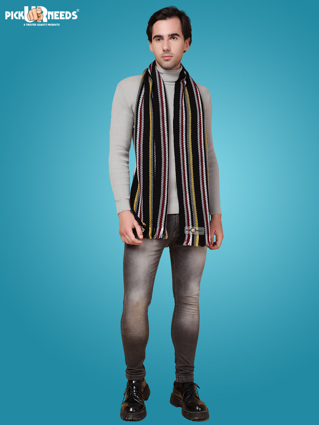 Pick Ur Needs Premium Men's Warm And Stylish Woolen Muffler With Multicolour Stripes And Stylish Tussles Ends