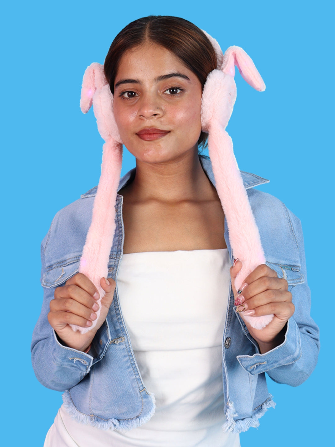 Pick Ur Needs Plush Bunny Cute Earmuffs for Girls & Women with RGB LED Lights,Ultra Soft Warm Winter Moving Flapping Ears Muffs