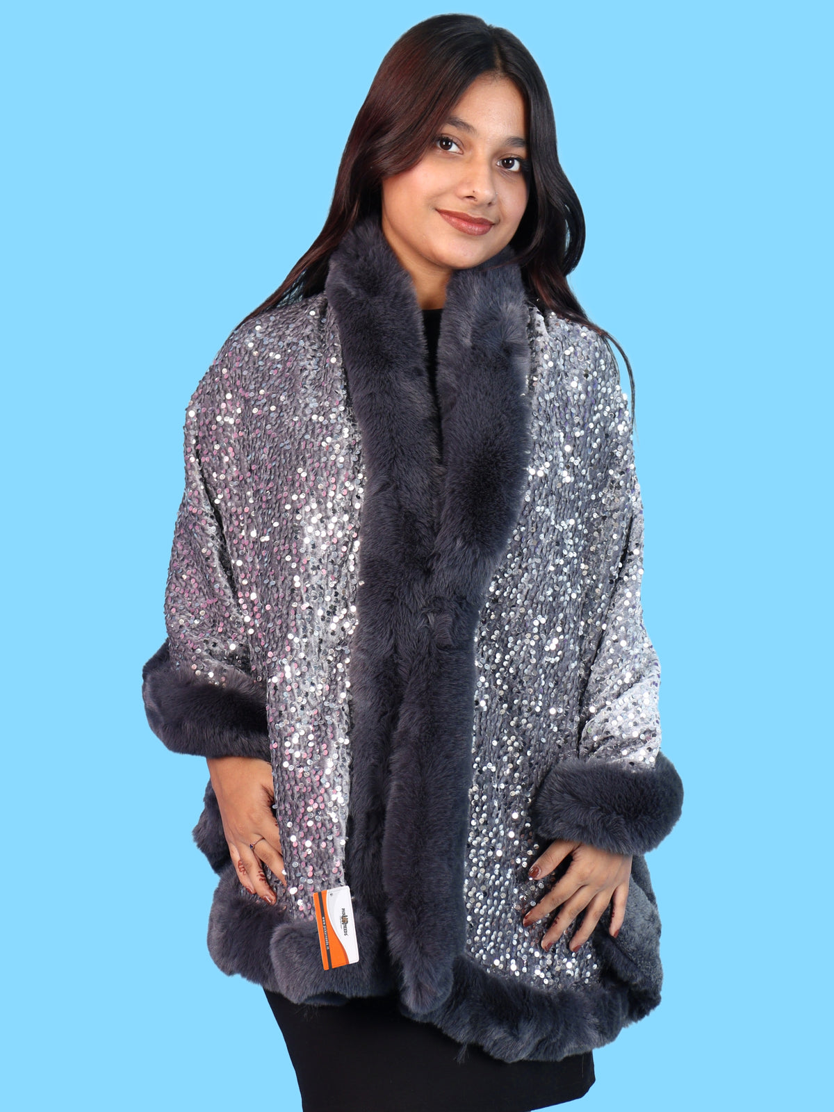 Pick Ur Needs Luxury Shrug for Women Sequin Outerwear with Soft Fur Collar Shawl Evening Wrap Poncho