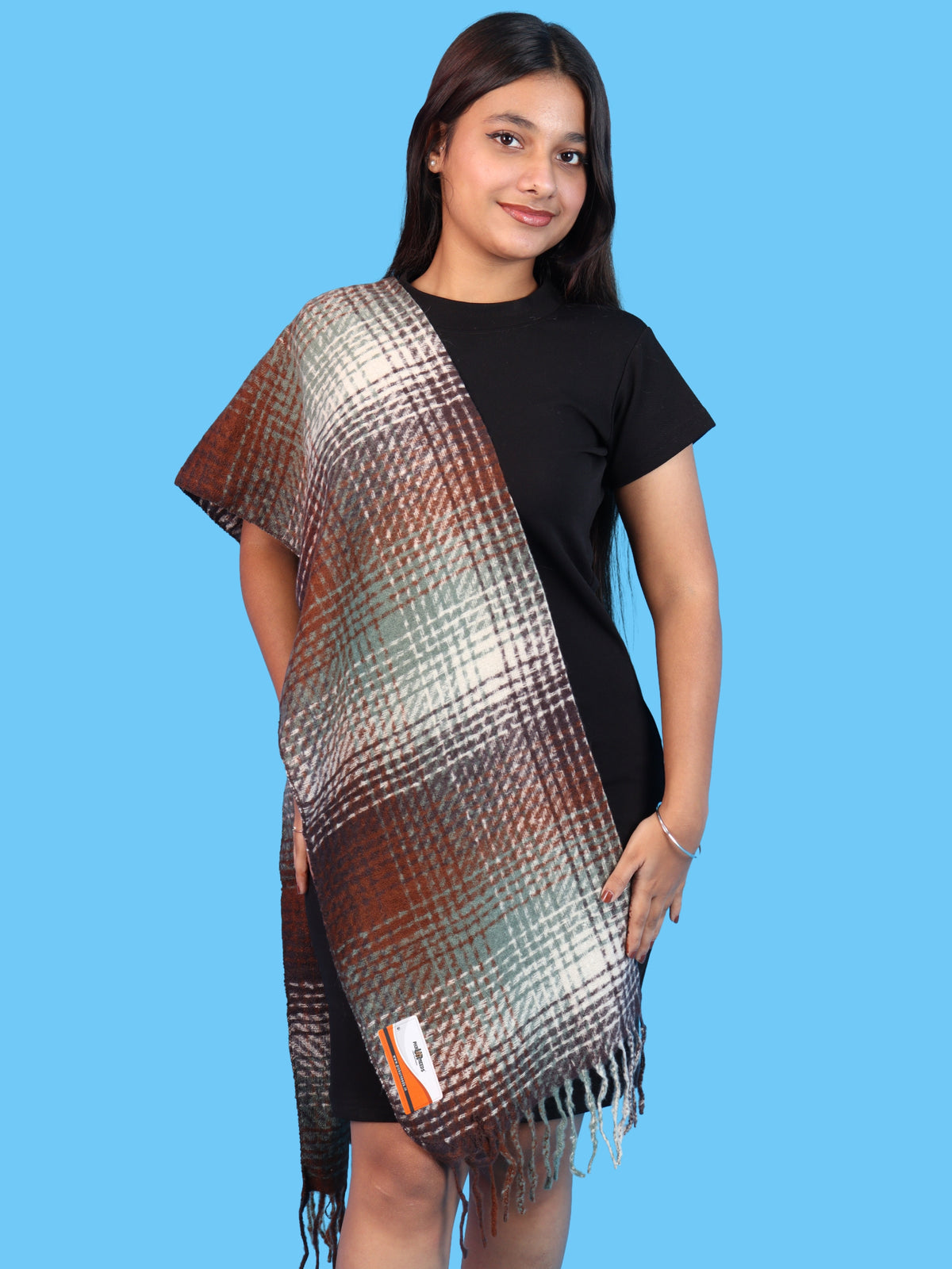 Pick Ur Needs Soft Woolen Girl's Muffler Scarf with Elegant Check Pattern,Warm & Cozy Winter Neck Wrap, Stylish Fringed Stole for Women & Girls
