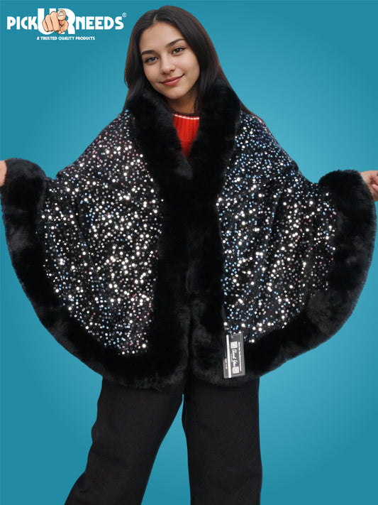 Visit the Pick Ur Needs Store Pick Ur Needs Luxury Sequin Faux Fur Shawl for Women Poncho & Winter Shrug Soft Warm Designer Wrap for Evening Parties