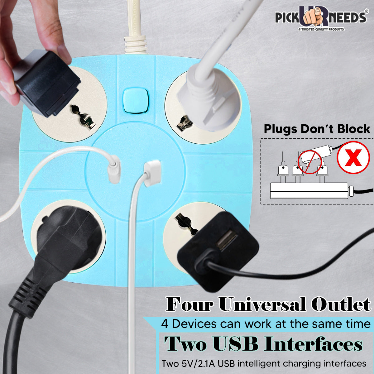 Pick Ur NeedsExtension Cord with 2 USB Charging Ports and 4 Socket - 10 AMP Heavy Duty for Multiple Devices Smartphone Tablet La