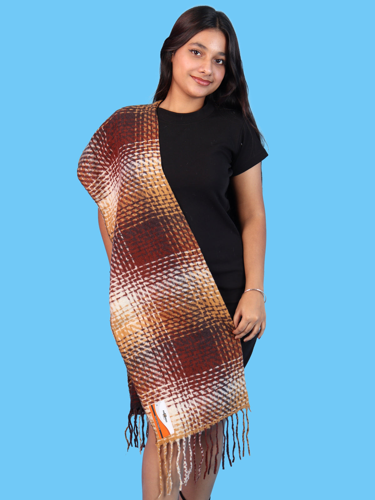 Pick Ur Needs Soft Woolen Girl's Muffler Scarf with Elegant Check Pattern,Warm & Cozy Winter Neck Wrap, Stylish Fringed Stole for Women & Girls
