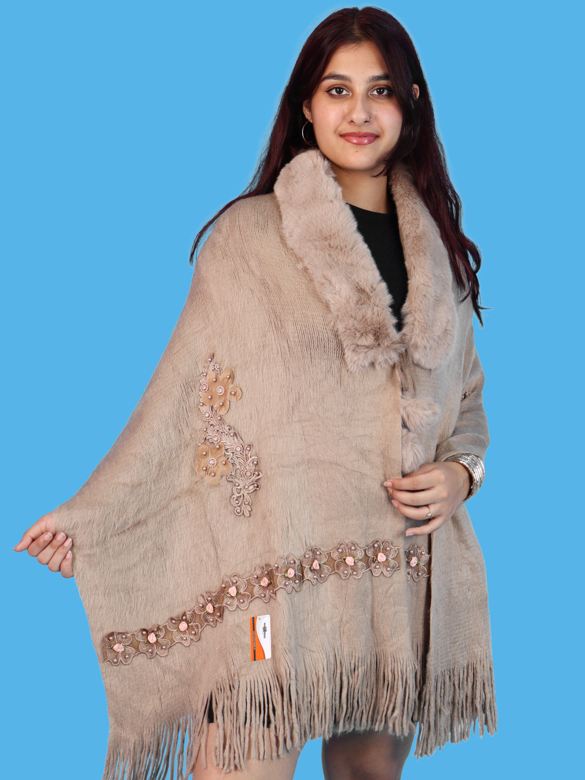 Pick Ur Needs Womens Premium Winter Shawl Shrug with Soft Fur Collar, Floral Embroidery, Pom-Pom Tie & Fringe Detailing Stylish Warm Wrap for Girls
