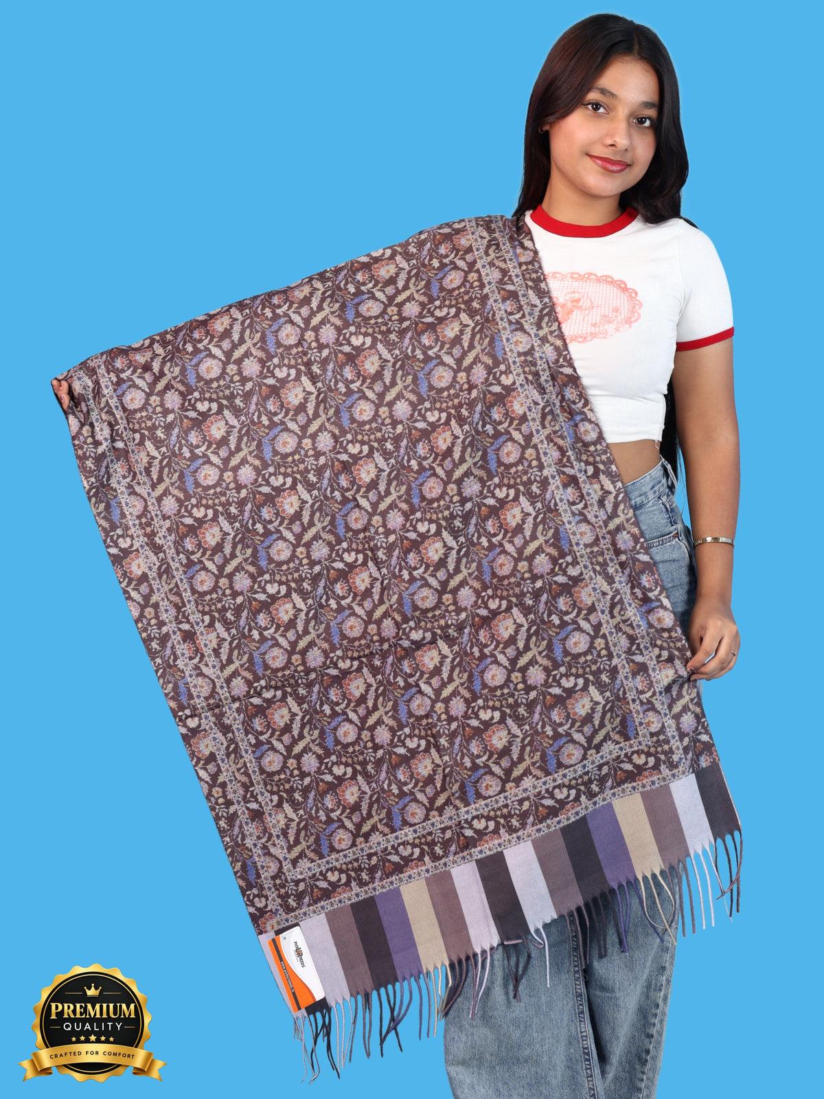 Pick Ur Needs Women & Girls Soft Woolen Shawl Elegant Floral Design Winter Neck Scarf with Decorative Border & Fringes