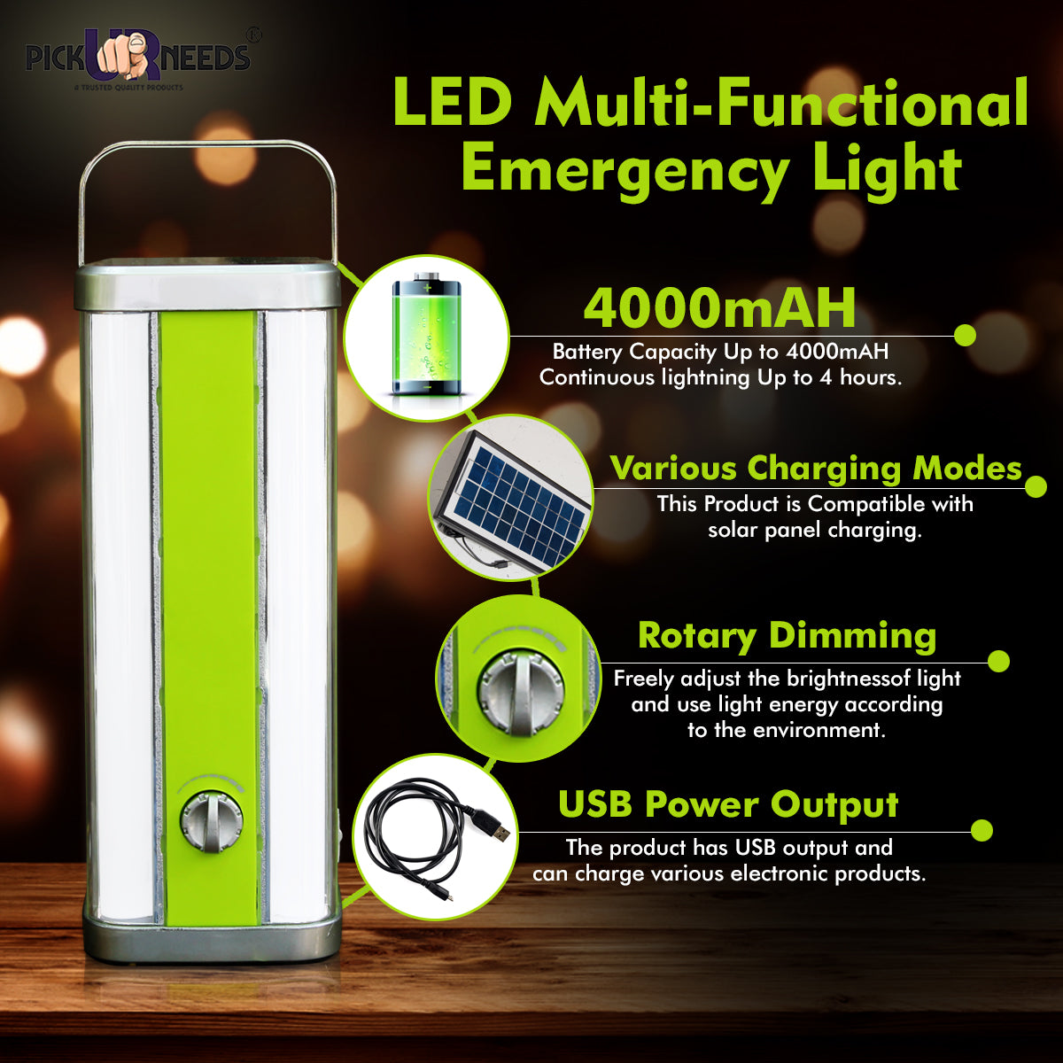 Pick Ur Needs High Range Rechargeable Home Emergency 4 Tube Lantern Light with with Solar Panel(3W+9V)