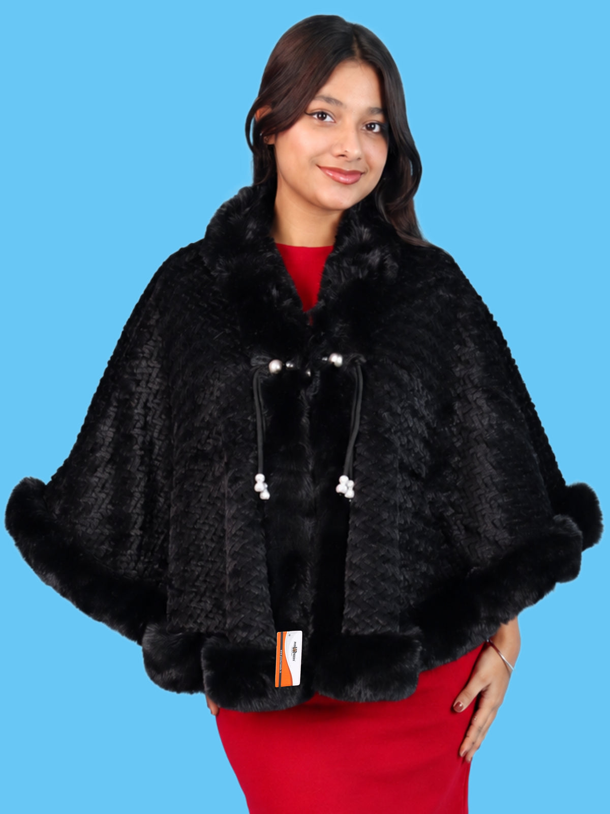 Pick Ur Needs Ladies Winter Shrug with Plush Fur Style Border & Pearl Bead Accents Textured Soft Fabric Open Front Cape Poncho with Wide Sleeves for Girls & Women
