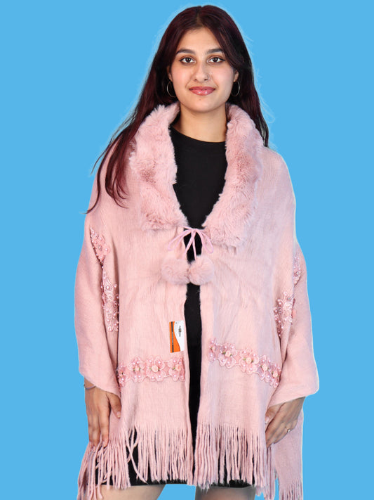 Pick Ur Needs Womens Premium Winter Shawl Shrug with Soft Fur Collar, Floral Embroidery, Pom-Pom Tie & Fringe Detailing Stylish Warm Wrap for Girls