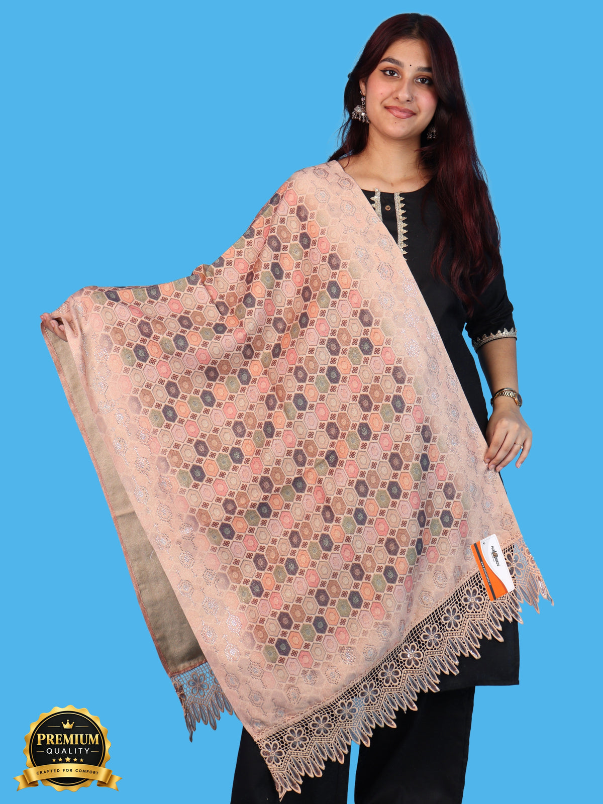 Pick Ur Needs Premium Stylish Womens & Girls Elegant Woolen Shawl Soft Warm Printed Stole with Lace Tassels