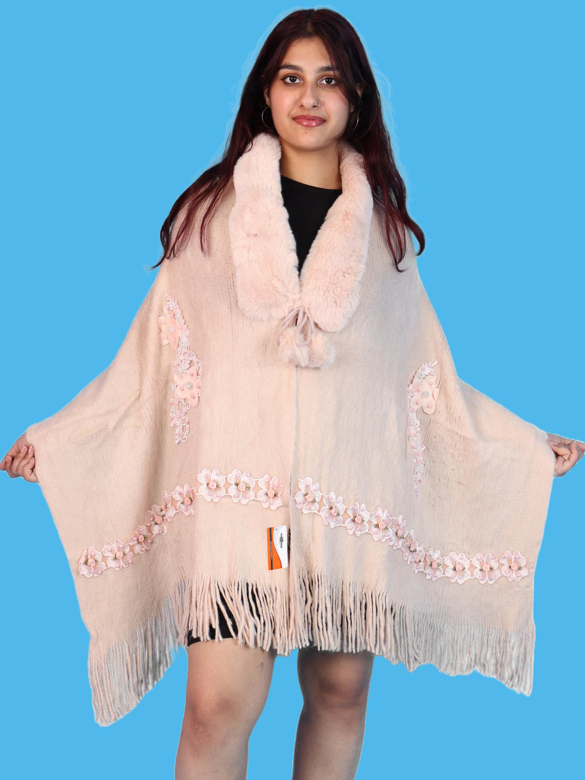 Pick Ur Needs Womens Premium Winter Shawl Shrug with Soft Fur Collar, Floral Embroidery, Pom-Pom Tie & Fringe Detailing Stylish Warm Wrap for Girls