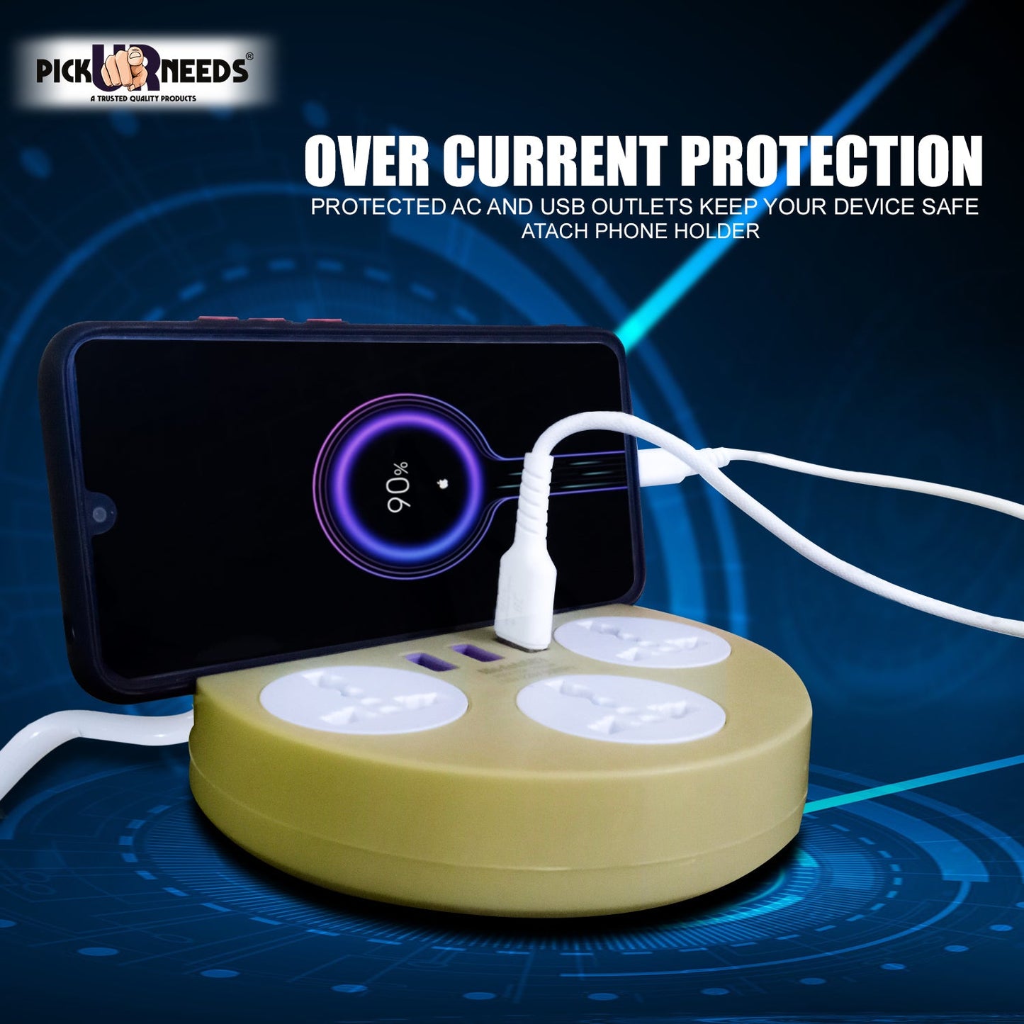 Pick Ur Needs Extension Cord Board with 3 USB Charging Ports and 3 Socket -10 Amp Heavy Duty for Multiple Devices Smartphone Tablet Laptop