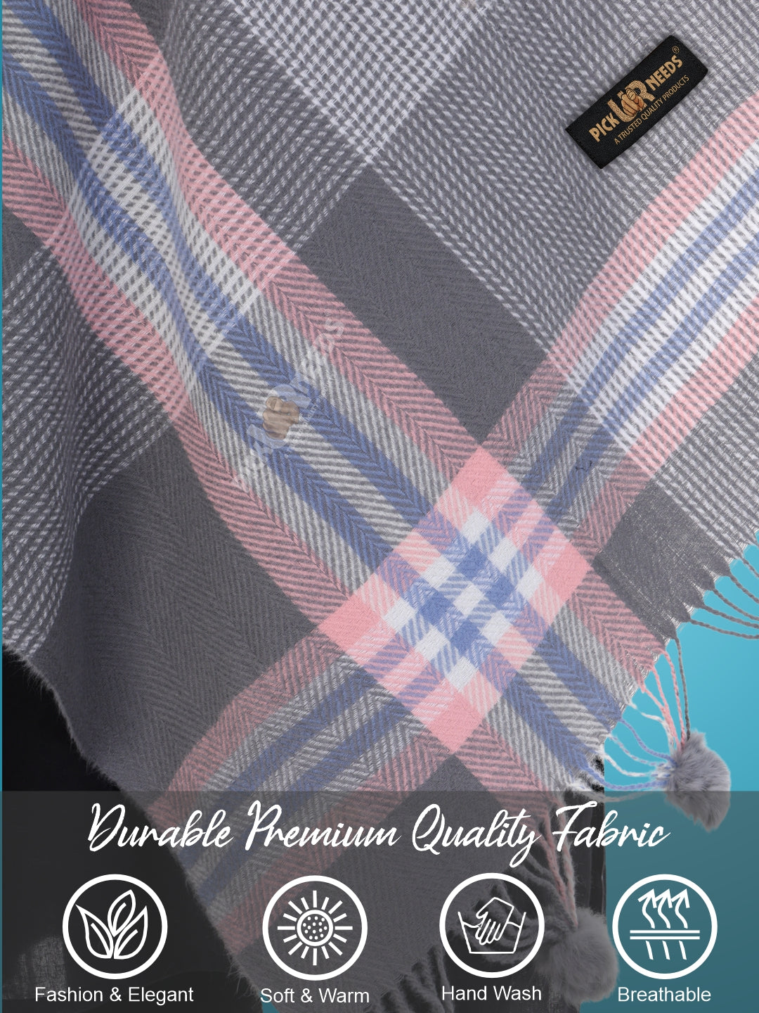 Pick Ur Needs Women's Soft Plaid Shawl Wrap Scarf with Pom Poms Warm Blanket Stole Fashionable Winter Gift for Ladies