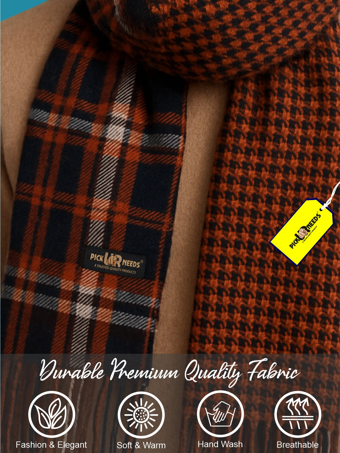 Pick Ur Needs Reversible Winter Muffler for Men Premium Soft Wool Blend Scarf Dual-Design Check & Houndstooth Pattern Warm & Stylish Winter Neck Wrap