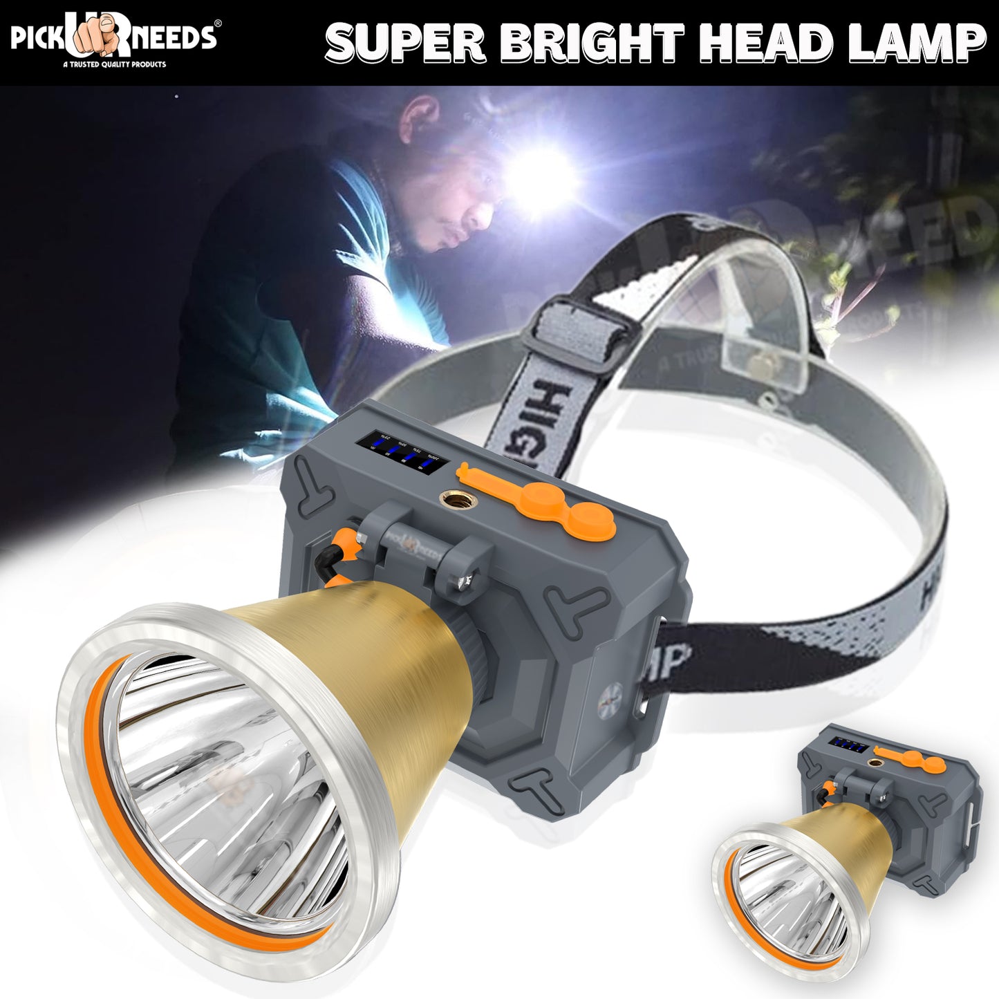 Pick Ur Needs Chargeable Head Lamp 3 Blink Mode Aluminum Body 4000mAh Battery 200W Bright LED 5 hrs Torch Emergency Light