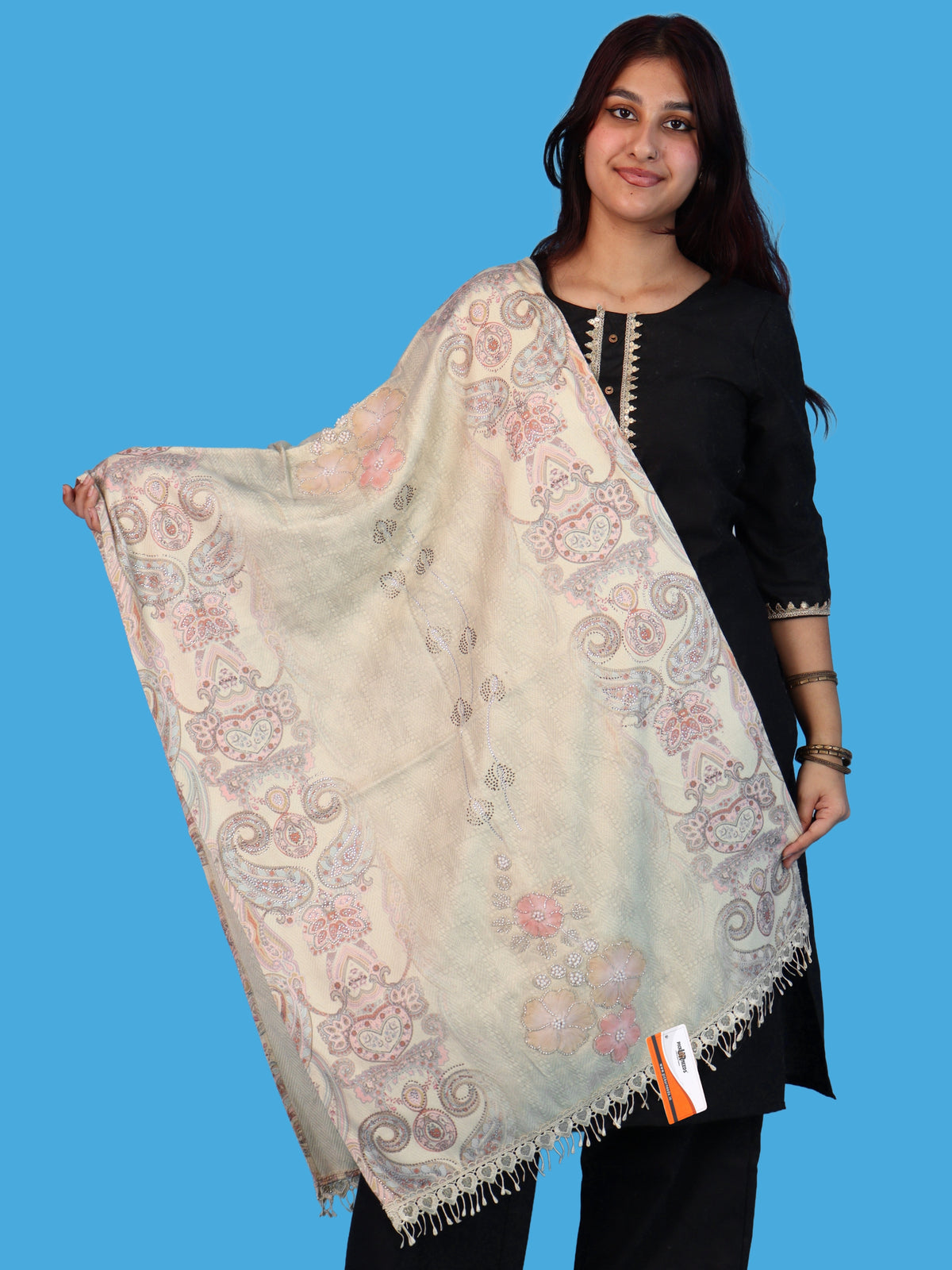 Pick Ur Needs Womens Designer Winter Elegant Floral Embellished Paisley Print Girls Shawl with Decorative Fringe Border