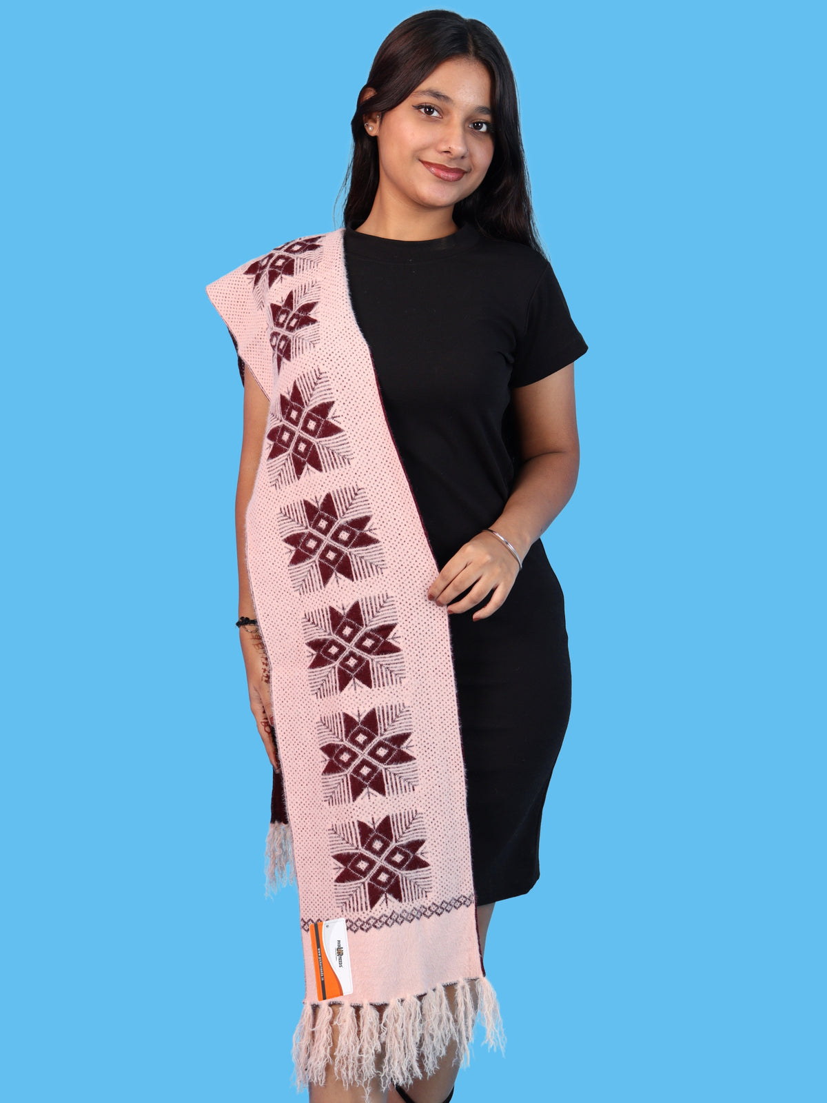 Pick Ur Needs Women & Girls Reversible Knitted Winter Muffler, Soft Warm Woollen Scarf with Geometric Pattern and Tassels, Lightweight Dual-Sided Winter Wrap