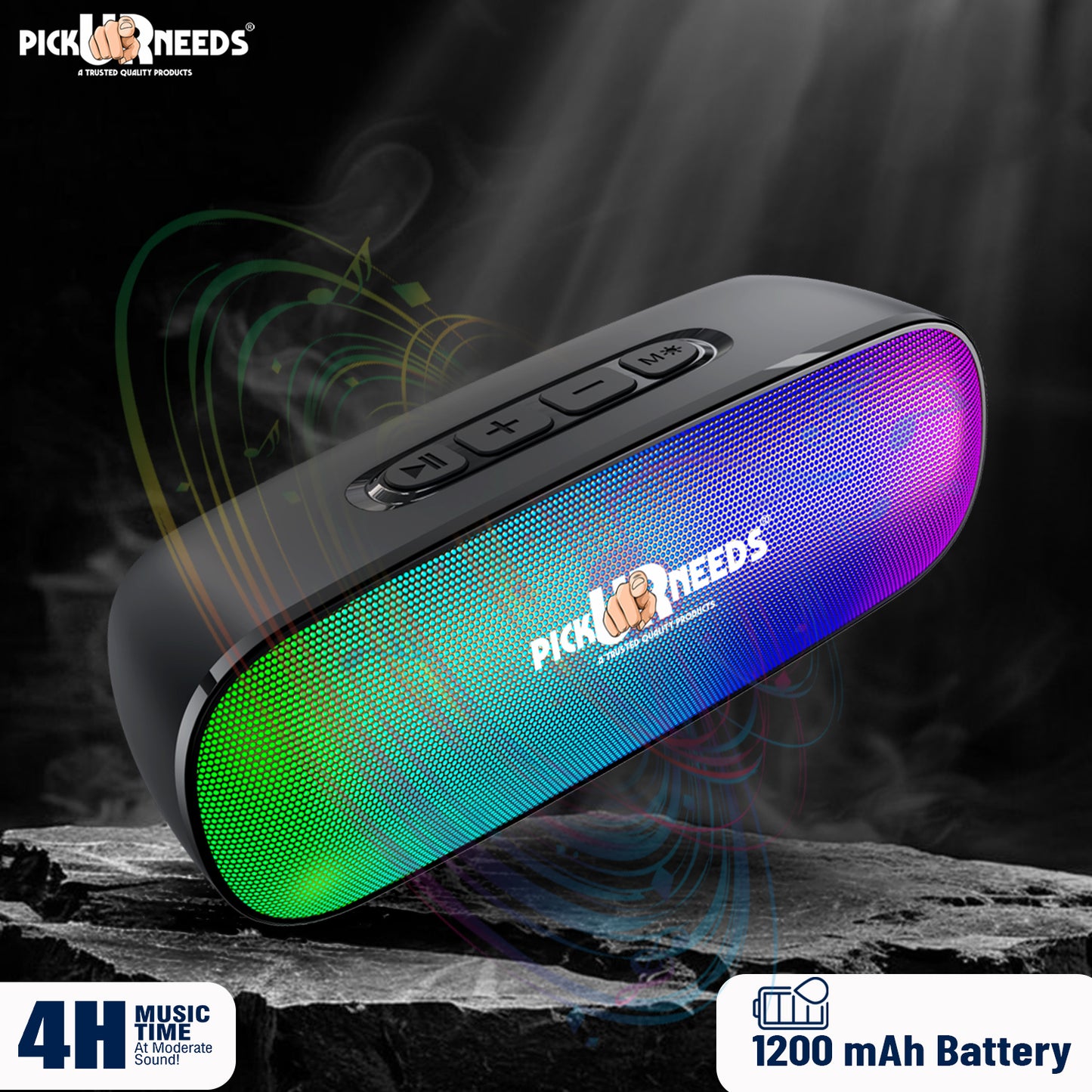 Pick Ur Needs 12W Bluetooth Speaker with RGB Disco Lights, 1200mAh Rechargeable Battery, Wireless Portable Speakers with FM Radio, USB & TF Card Support