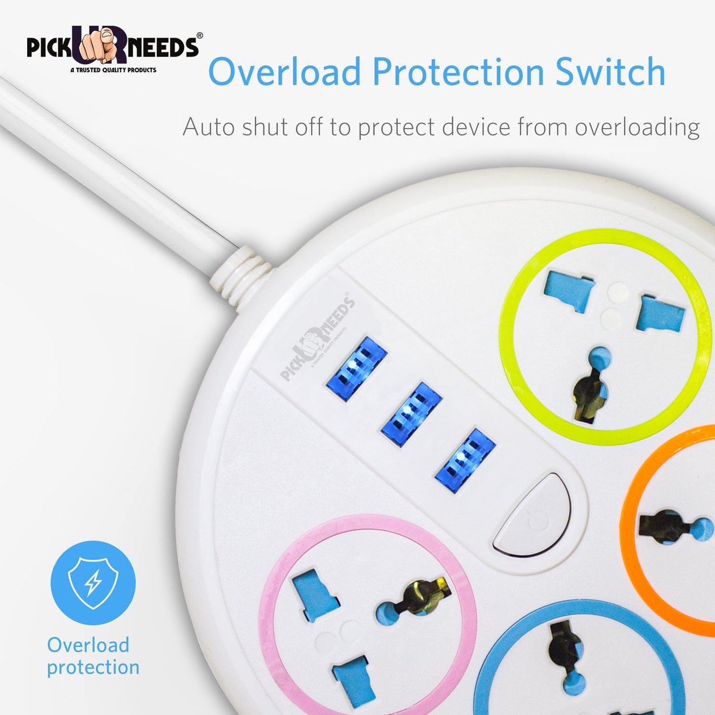 Pick Ur Needs Extension Cord Board with 3 USB Charging Ports and 4 Socket -10 Amp Heavy Duty for Multiple Devices Smartphone Tablet Laptop