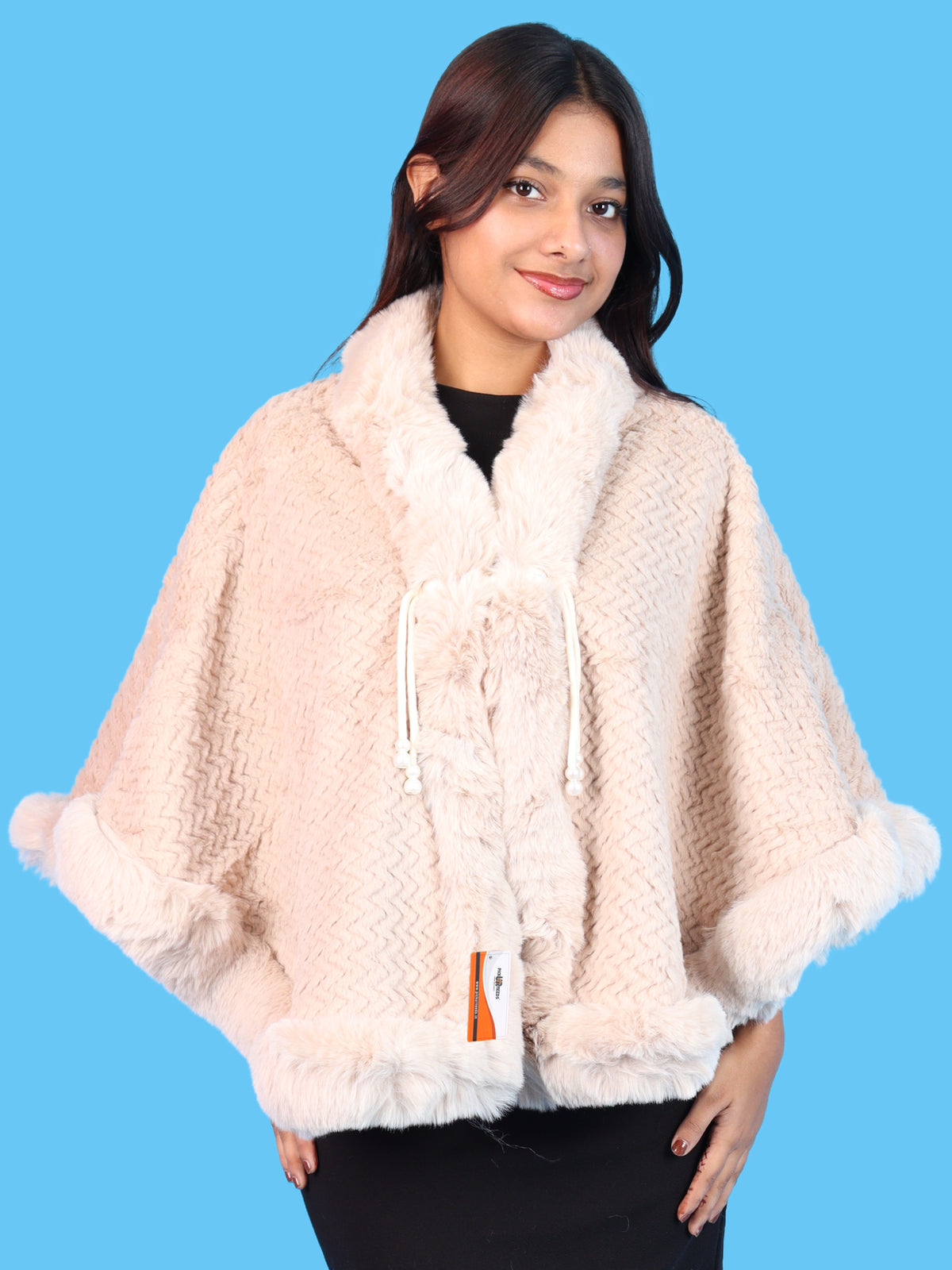 Pick Ur Needs Ladies Winter Shrug with Plush Fur Style Border & Pearl Bead Accents Textured Soft Fabric Open Front Cape Poncho with Wide Sleeves for Girls & Women