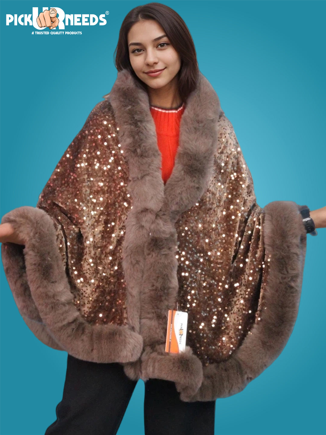 Visit the Pick Ur Needs Store Pick Ur Needs Luxury Sequin Faux Fur Shawl for Women Poncho & Winter Shrug Soft Warm Designer Wrap for Evening Parties