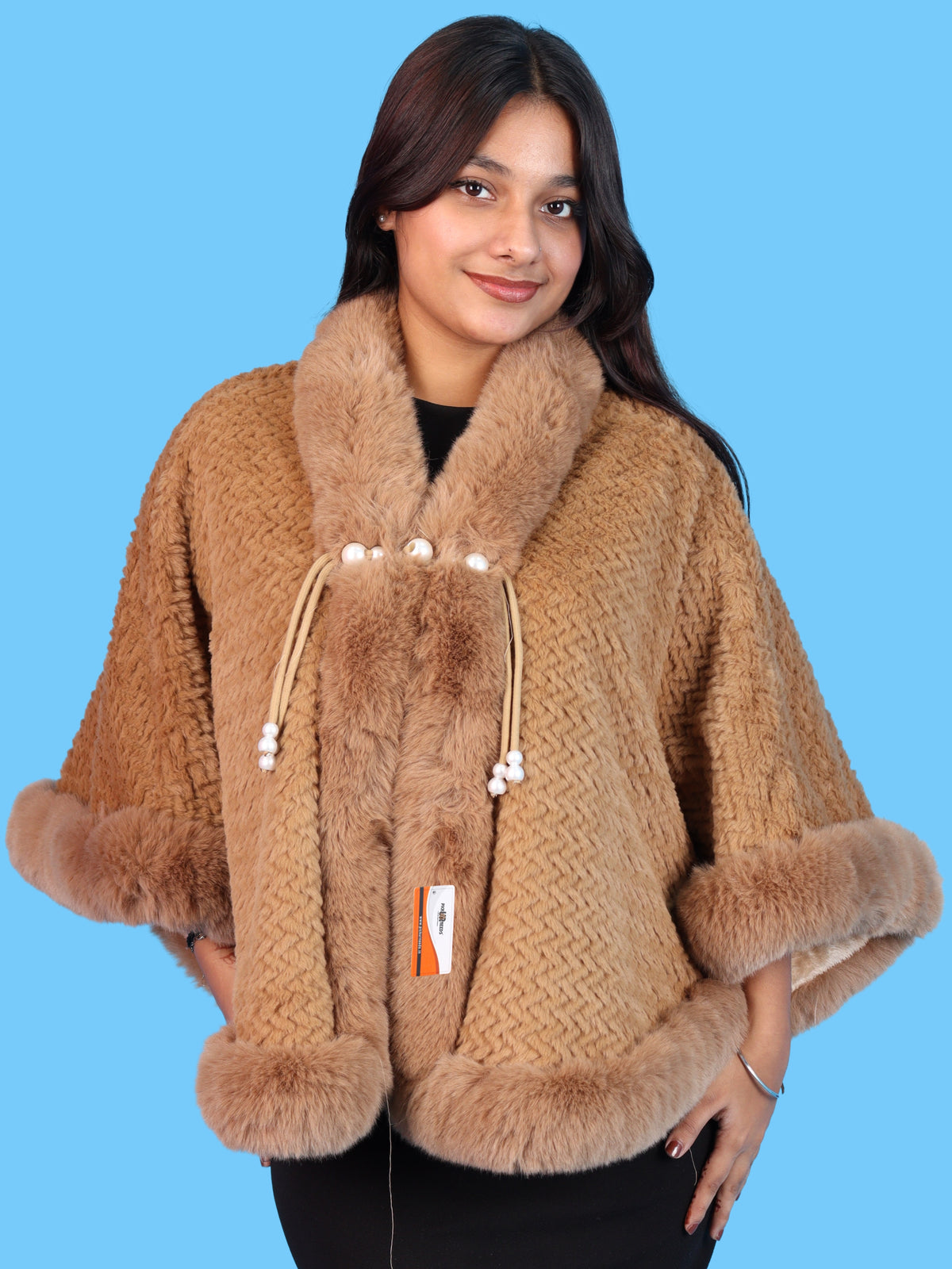 Pick Ur Needs Ladies Winter Shrug with Plush Fur Style Border & Pearl Bead Accents Textured Soft Fabric Open Front Cape Poncho with Wide Sleeves for Girls & Women