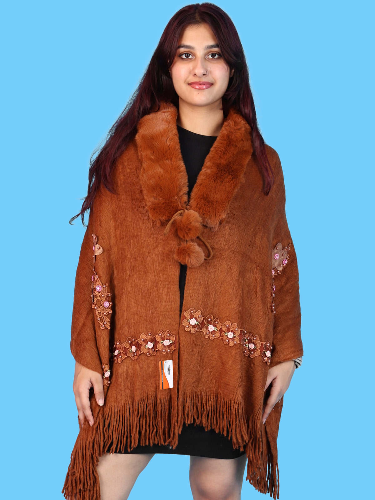 Pick Ur Needs Womens Premium Winter Shawl Shrug with Soft Fur Collar, Floral Embroidery, Pom-Pom Tie & Fringe Detailing Stylish Warm Wrap for Girls
