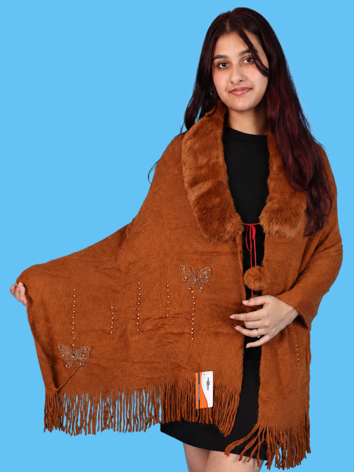 Pick Ur Needs Womens Faux Fur Collar Shrug with Pom Pom Tie Shawl Elegant Fringed Winter Wrap for Women & Girls