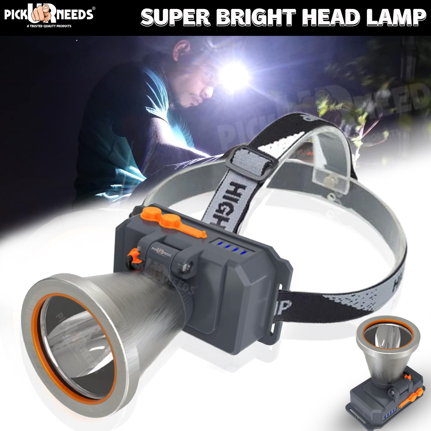 Pick Ur Needs Chargeable Head Lamp 3 Blink Mode Aluminum Body 2000mAh Battery 150W Bright LED 3 hrs Torch Emergency Light