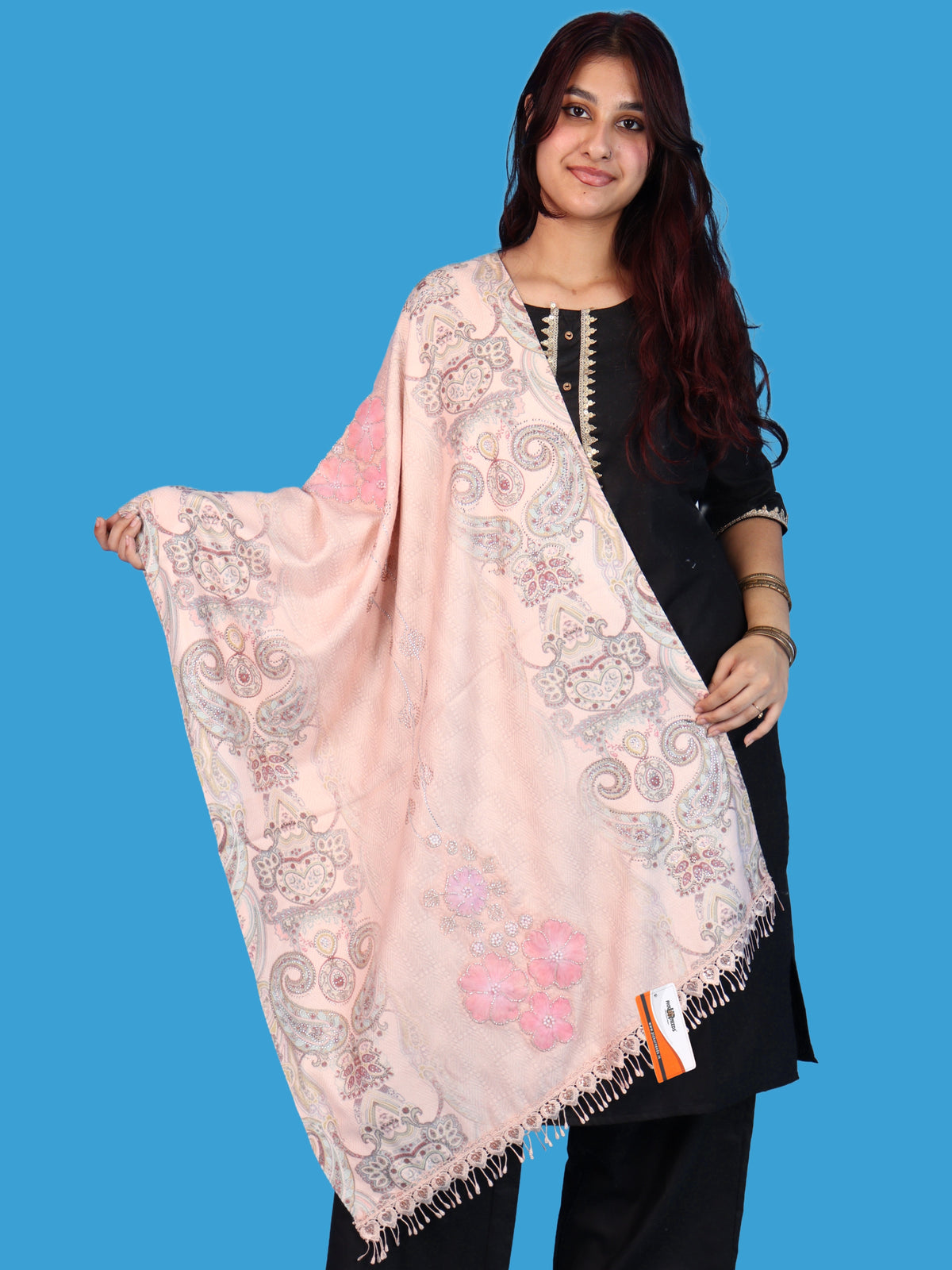 Pick Ur Needs Womens Designer Winter Elegant Floral Embellished Paisley Print Girls Shawl with Decorative Fringe Border