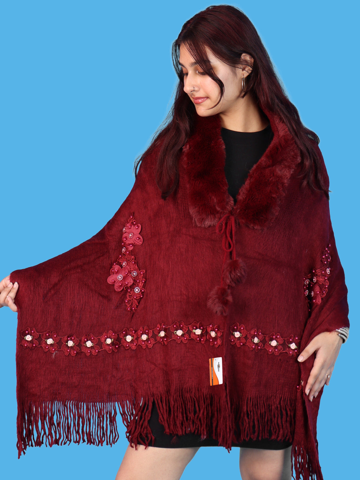 Pick Ur Needs Womens Premium Winter Shawl Shrug with Soft Fur Collar, Floral Embroidery, Pom-Pom Tie & Fringe Detailing Stylish Warm Wrap for Girls