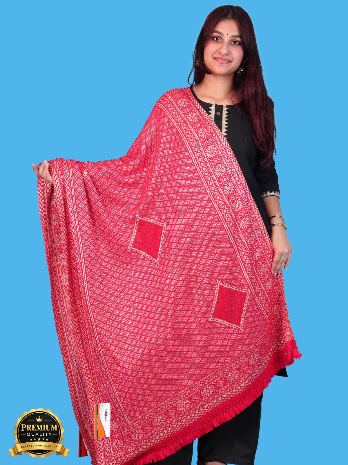 Pick Ur Needs Women & Girls Designer Shawl Stole with Elegant Woven Floral & Geometric Pattern, Soft Warm Winter Wrap with Fringed Border, Stylish Shoulder Scarf for Ladies