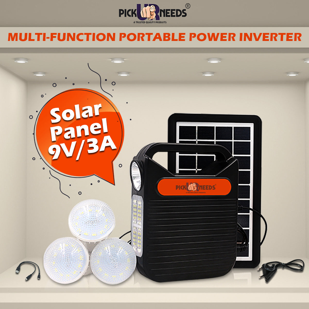 Pick Ur Needs LED Emergency Portable Inverter with 3 Individual 6 Volt LED Hanging Bulbs with 3.75 m Long Wire and AC/DC USB Socket with USB Wire for Mobile Charging with Solar Panel 5 hrs Torch Emergency Light