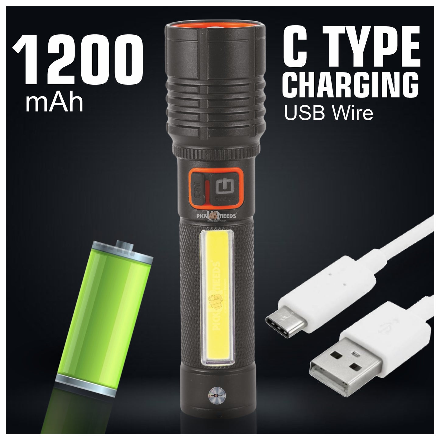 Pick Ur Needs Rechargeable 100W Aluminium Body Home Emergency Mini Search Torch Light Zoomable with 3 Mode + Side COB with 2 Mode 1200mAH Battery