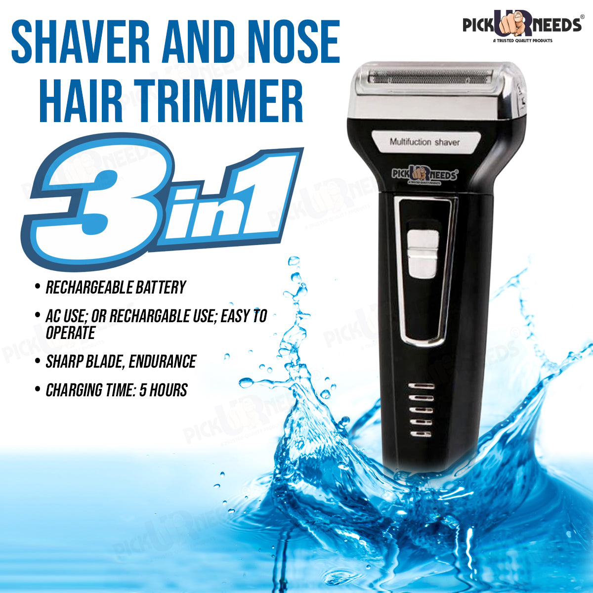Pick Ur Needs Professional Shaver and 3 in 1 Beard, Nose and Ear Waterproof Trimmer for Men 3 In 1 (2000mAh) Grooming Kit 30 min Runtime 3 Length Settings