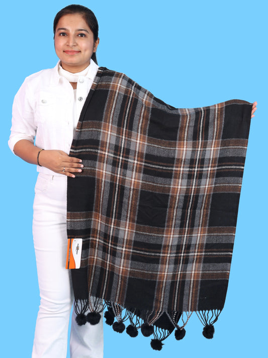 Pick Ur Needs Premium Womens Fashion Stole with Contemporary Check Weave, Decorative Fur Pom Tassels & Multi-Style Winter Wrap Shawl