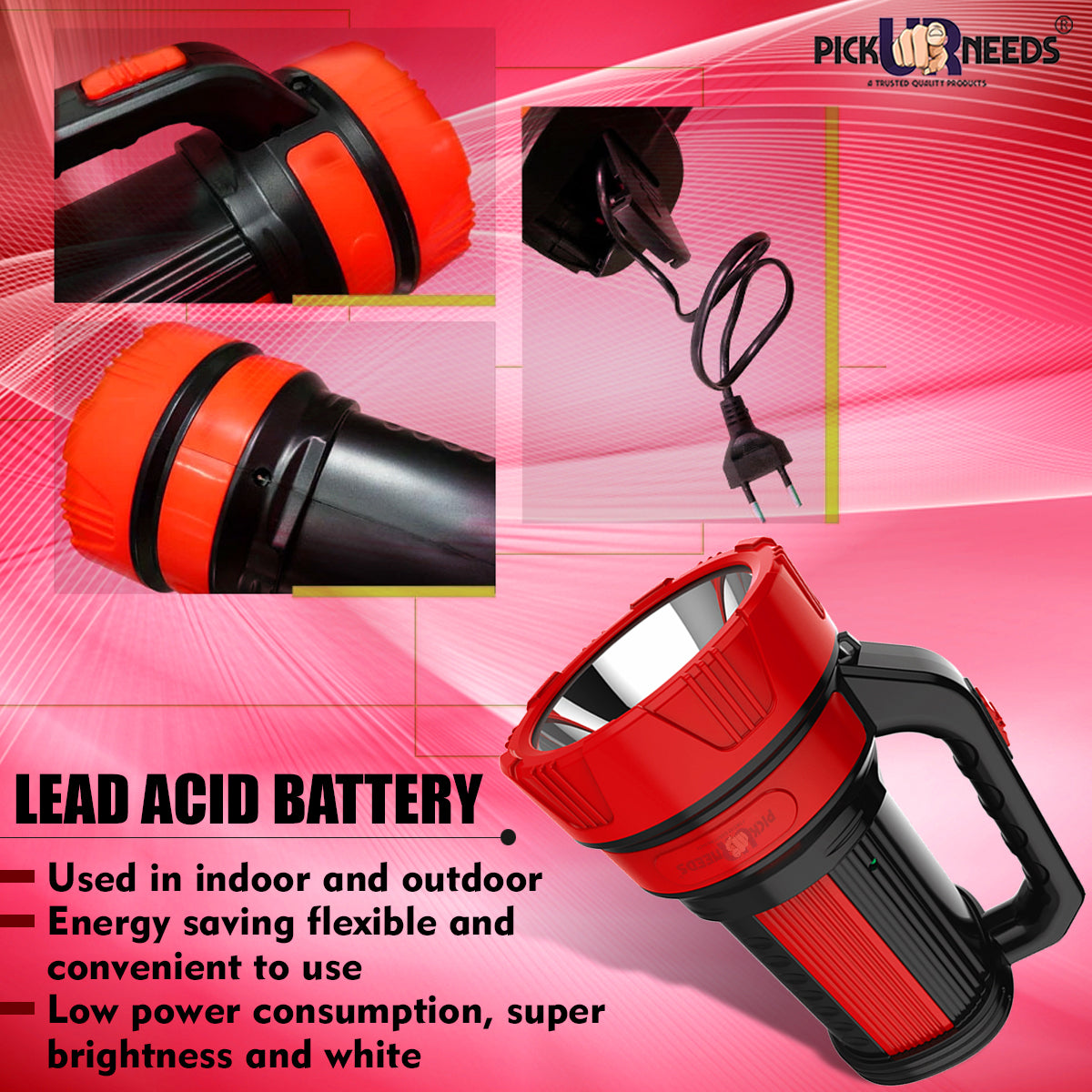 Pick Ur Needs Premium Quality 50 Watt Rechargeable Long Range Search Torch With 2 Side Emergency Tube Light