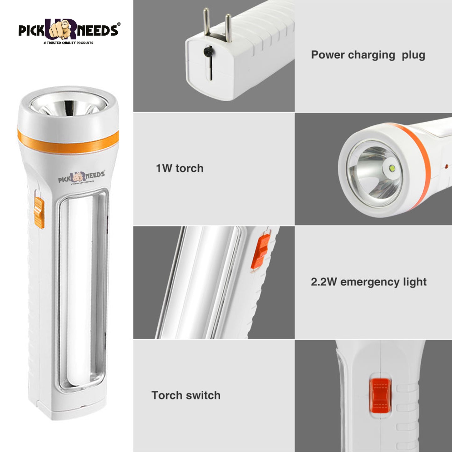 Pick Ur Needs Emergency Rechargeable LED 50W Search Torch Light With Slide Charging Plug (Pack of 2)