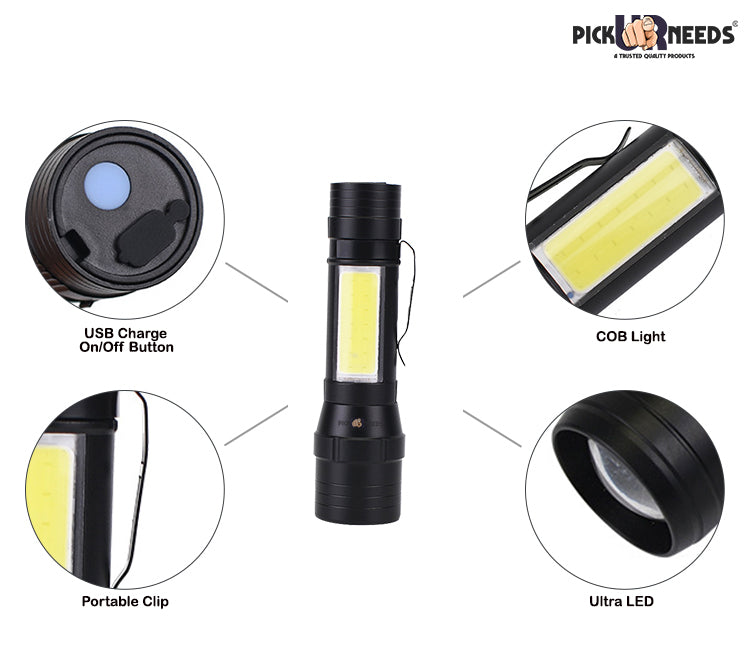 Pick Ur Needs 3 Mode Rechargeable Mini Emergency Flashlight With LED+COB Zoomable Torch Light