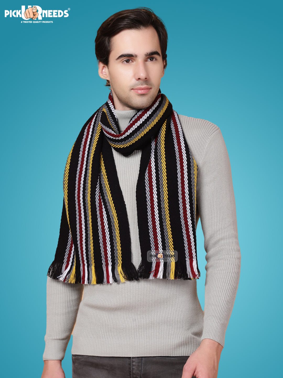 Pick Ur Needs Premium Men's Warm And Stylish Woolen Muffler With Multicolour Stripes And Stylish Tussles Ends