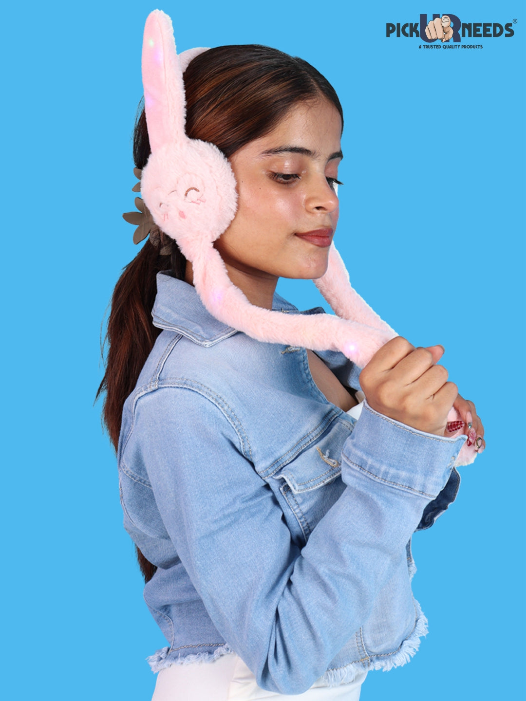 Pick Ur Needs Plush Bunny Cute Earmuffs for Girls & Women with RGB LED Lights,Ultra Soft Warm Winter Moving Flapping Ears Muffs