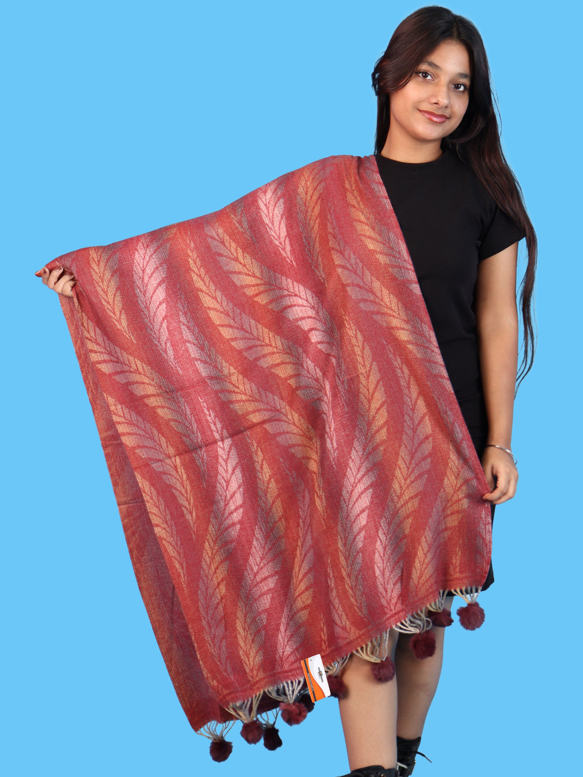 Pick Ur Needs Womens Designer Woolen Shawl & Stole with Elegant Leaf Pattern and Pom Pom Tassels, Winter Soft Warm Lightweight Winter Wrap