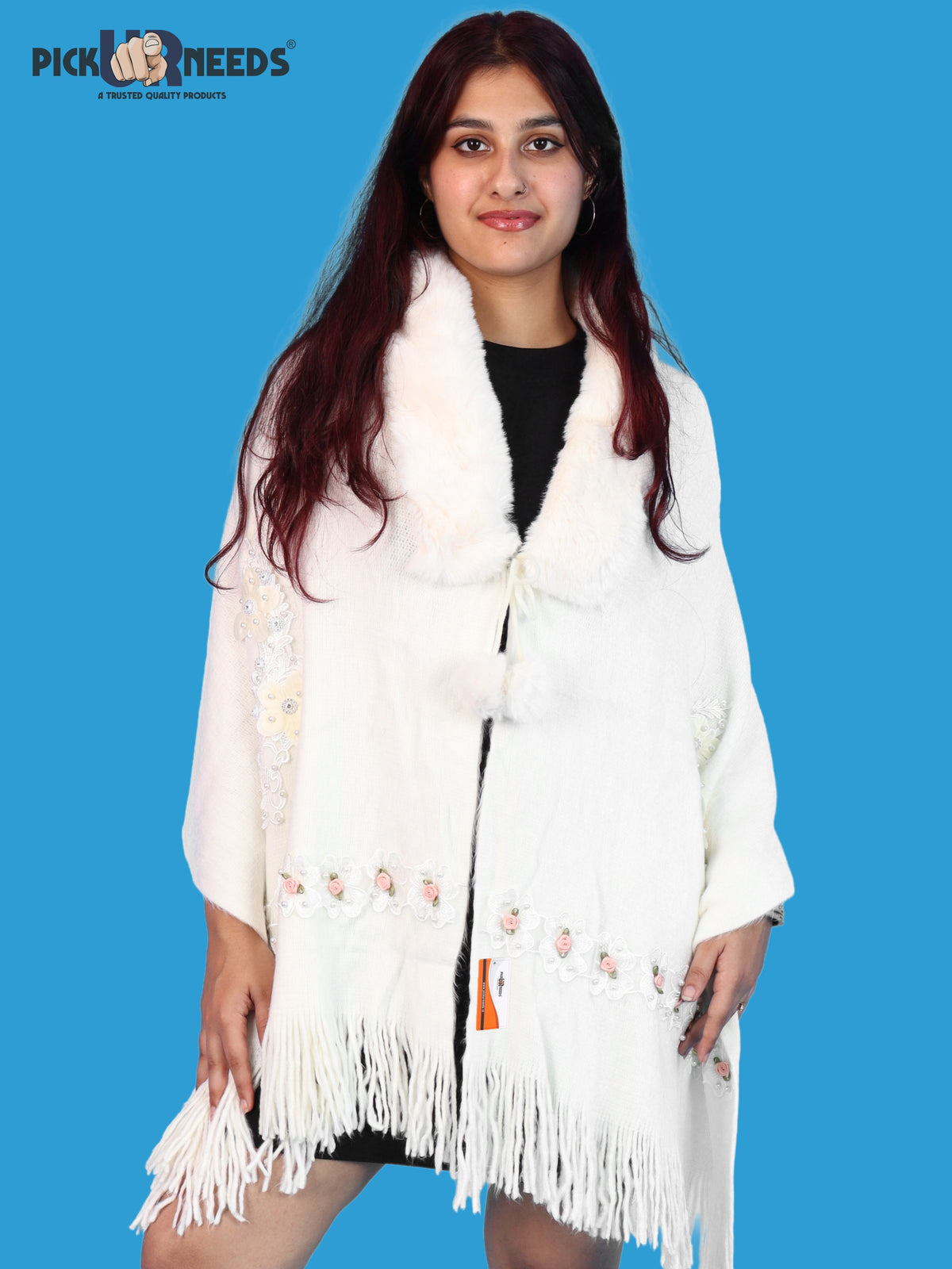 Pick Ur Needs Womens Premium Winter Shawl Shrug with Soft Fur Collar, Floral Embroidery, Pom-Pom Tie & Fringe Detailing Stylish Warm Wrap for Girls
