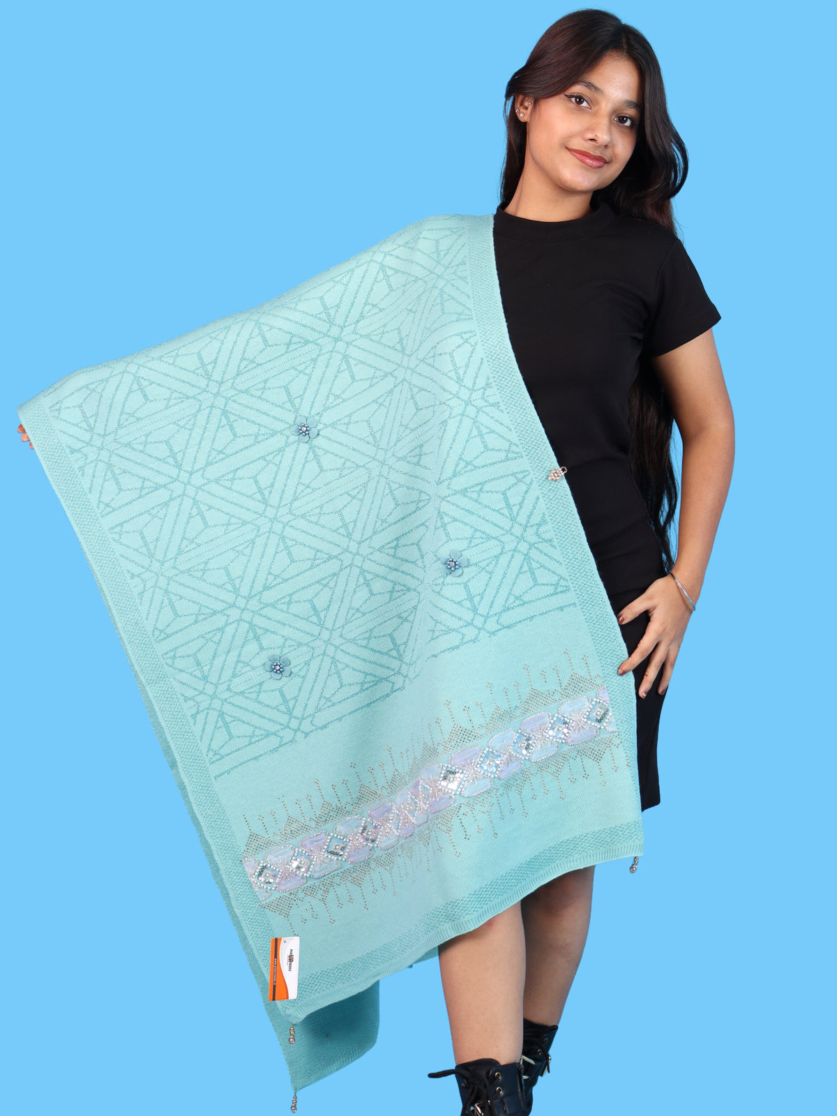 Pick Ur Needs Womens Soft Woolen Winter Girls Shawl with Elegant Geometric Design & Floral Embellishments Lightweight Warm Comfortable Ladies Shawl