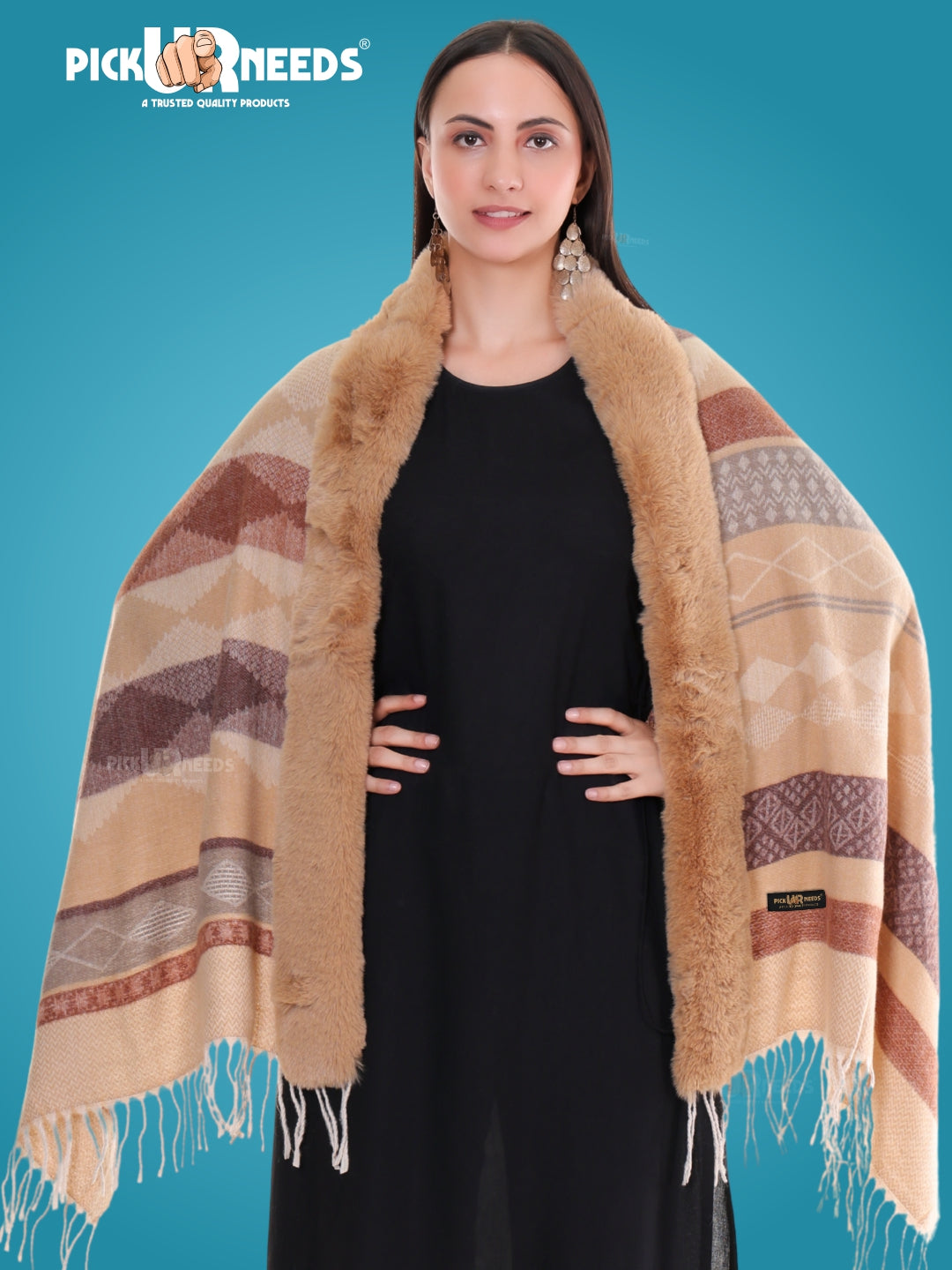 Pick Ur Needs Elegant Winter Soft & Warm Woolen Shawl with Faux Fur Border Multi Color Pattern Scarf