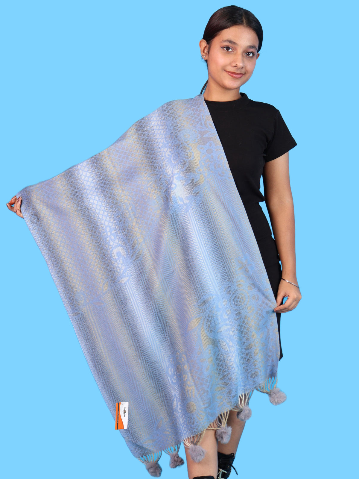 Pick Ur Needs Soft Woolen Designer Winter Shawl with Beautiful Floral Pattern & Pom Pom Tassels For Girls & Womens
