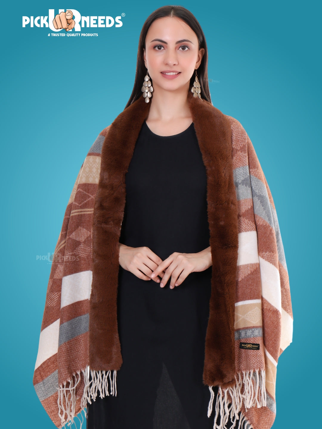 Pick Ur Needs Elegant Winter Soft & Warm Woolen Shawl with Faux Fur Border Multi Color Pattern Scarf