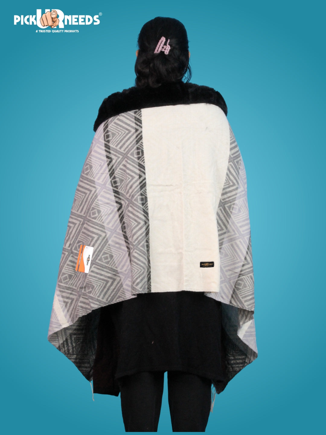 Pick Ur Needs Women's Winter Geometric Printed Faux Fur Border Shawl with Tassels  Soft Warm Wrap Stole for Casual, Party & Travel